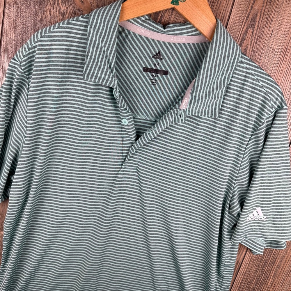 Adidas Golf Striped Short Sleeve Performance Polo Shirt Mens Medium Green Gray